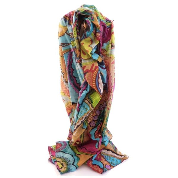 Paréo coton imprimé avec broderie Holguin - Bleu et Multicolore Palme