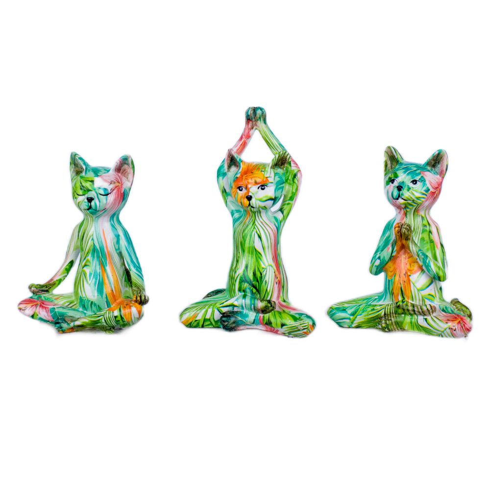 Statue résine Chat Yoga Vert et Multicolore H20cm