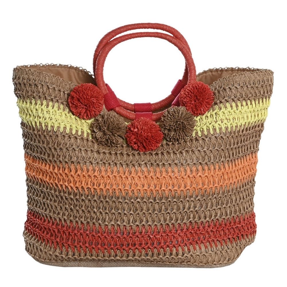 Sac à Main fibre naturelle Aranjuez Marron et Orange pompons 40x37cm