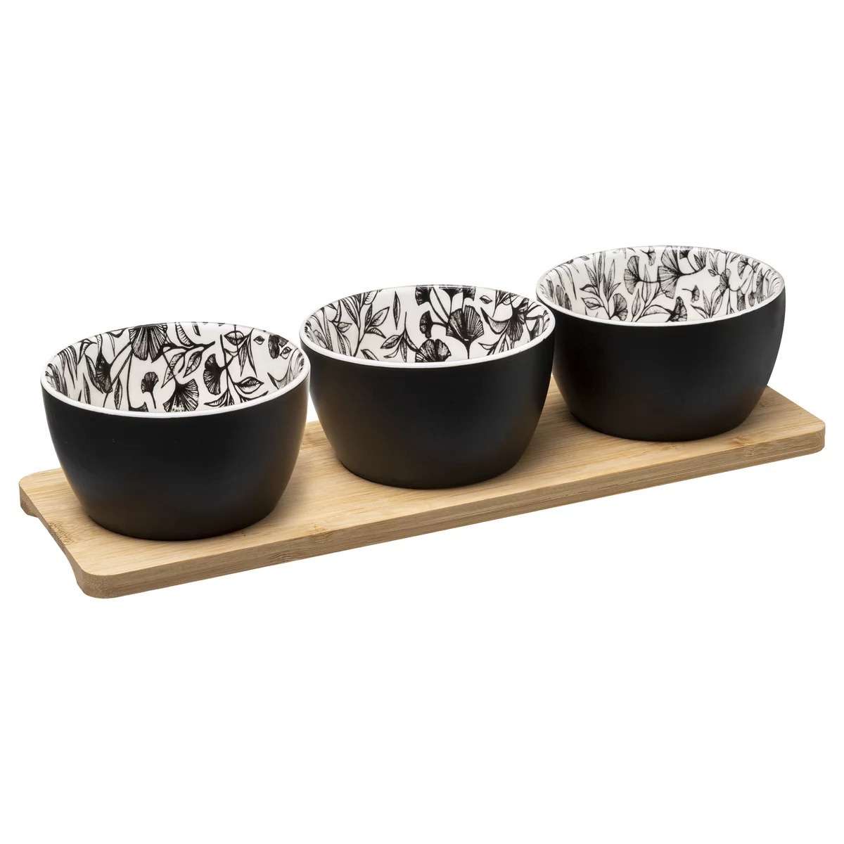 Set Apéritif Bounita 3 bols Noir et Blanc et plateau bois