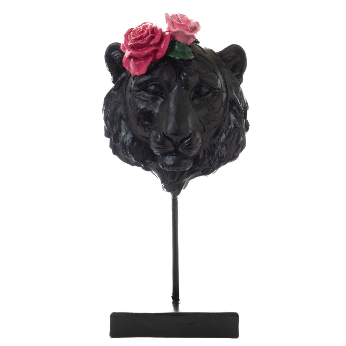 Statue Tête de Tigre noir sur pieds avec roses H36cm