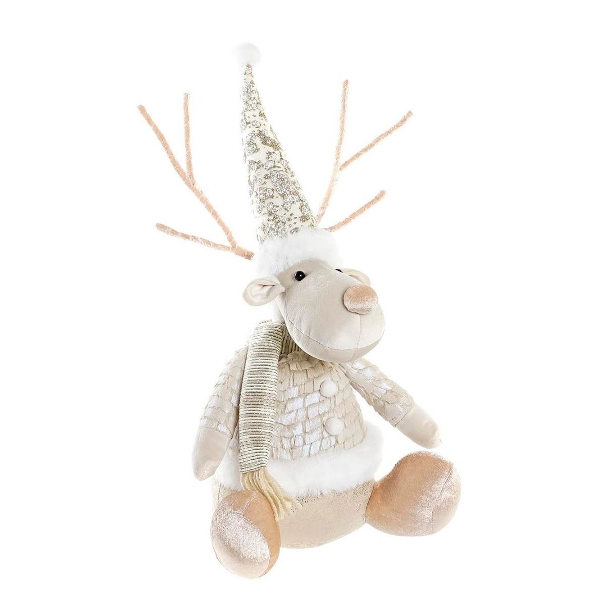 Déco Noël Renne assis en tissu Catrios Beige H38cm