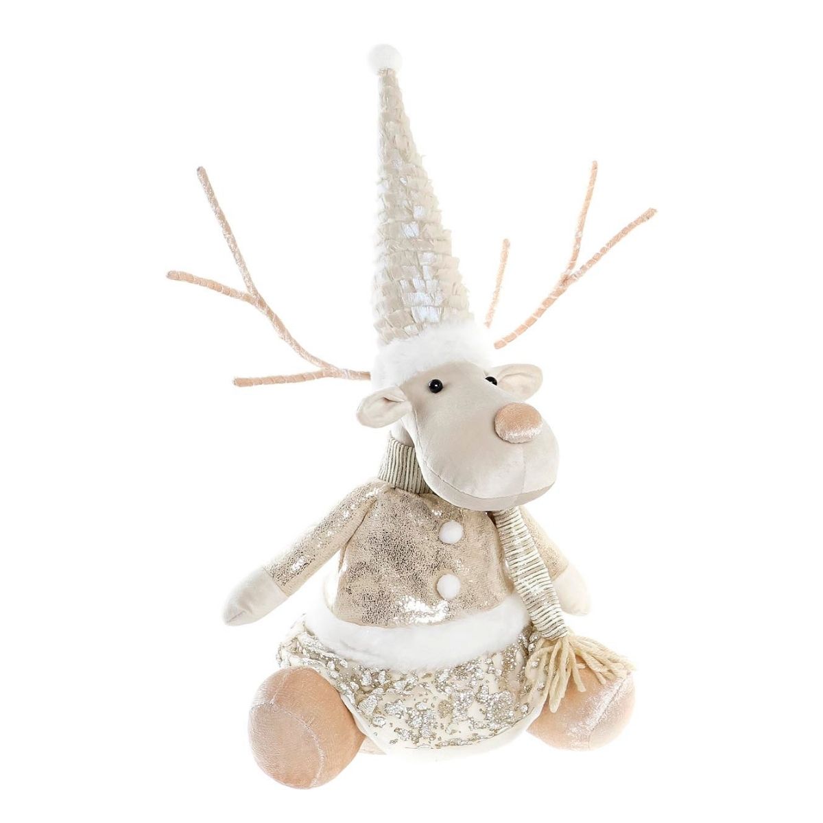 Déco Noël Renne assis en tissu Khilfos Beige H38cm