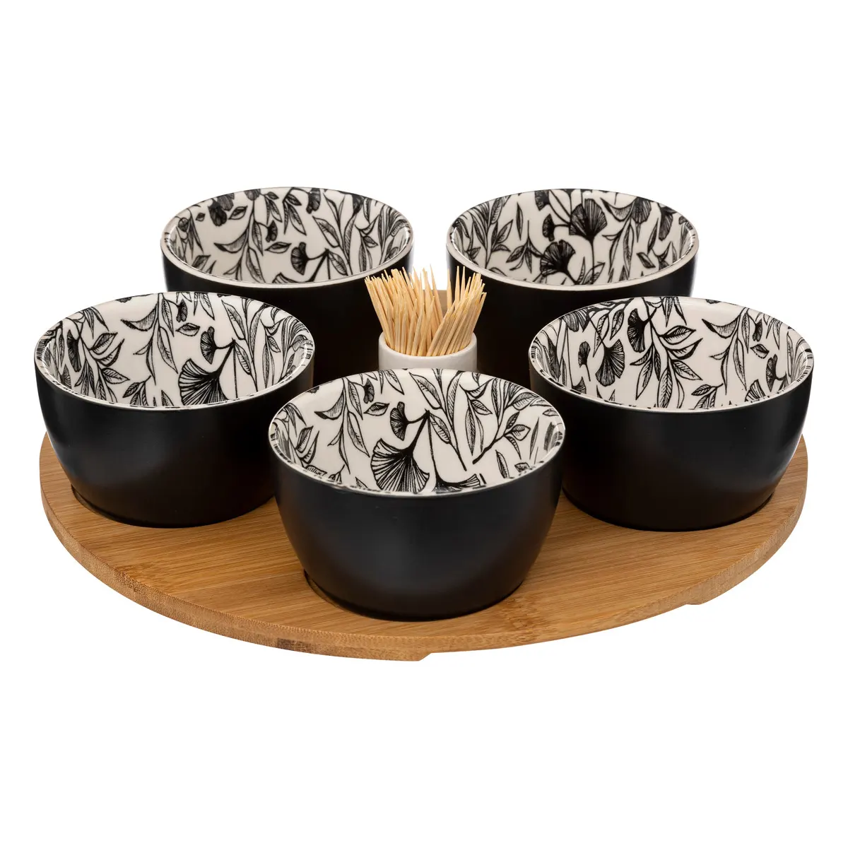 Set Apéritif Florita 4 bols Noir et Blanc et plateau bois