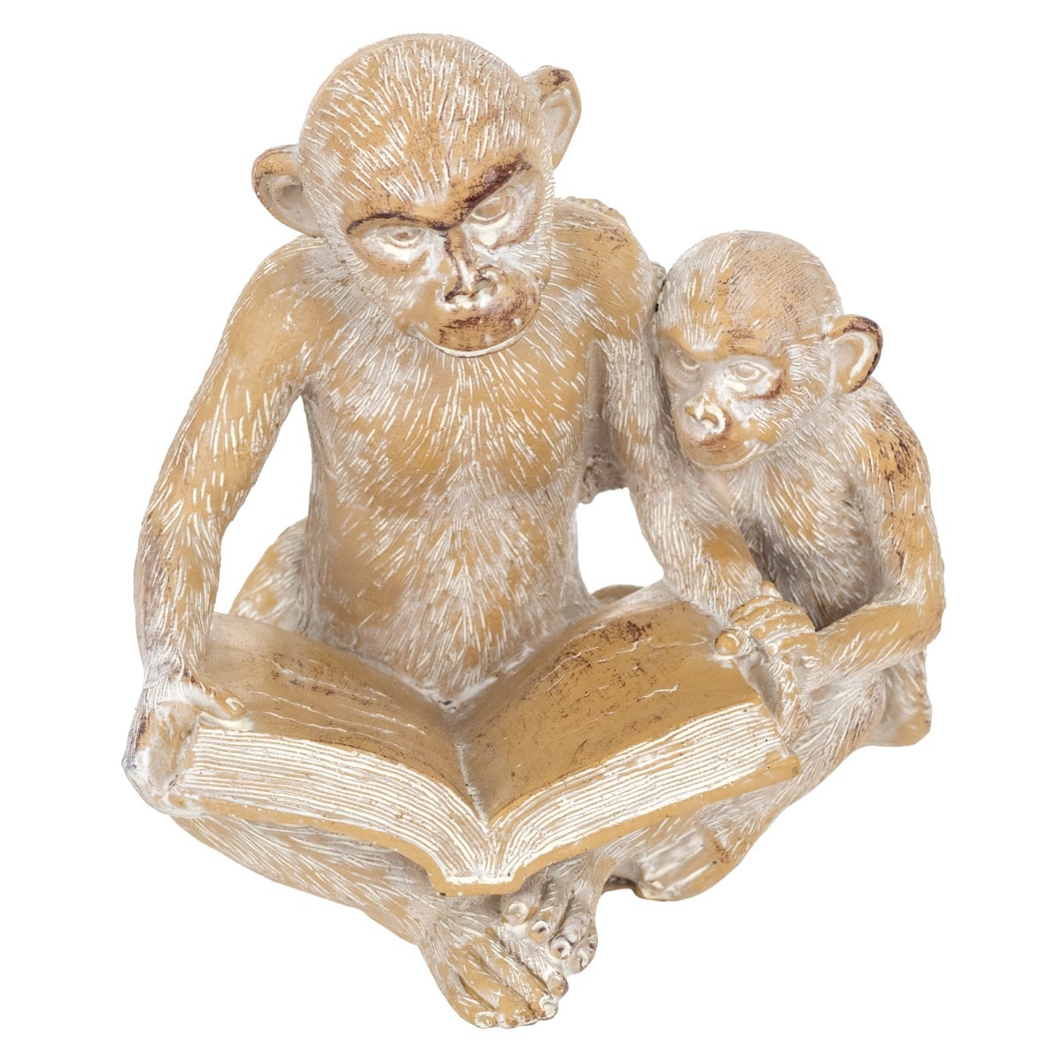 Statue Maman et Bébé Singe livre Pukote Blanc et Doré H18cm