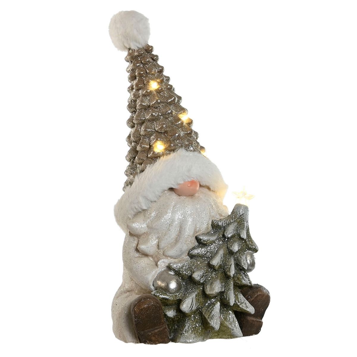 Statue Noël lumineuse Gnome Jarbisk Sapin Doré et Blanc H48cm