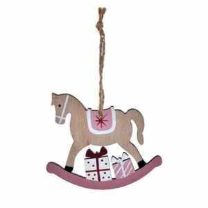 Set 3 Suspensions Noël Bois Rohan Cheval Beige, Rose et Rouge