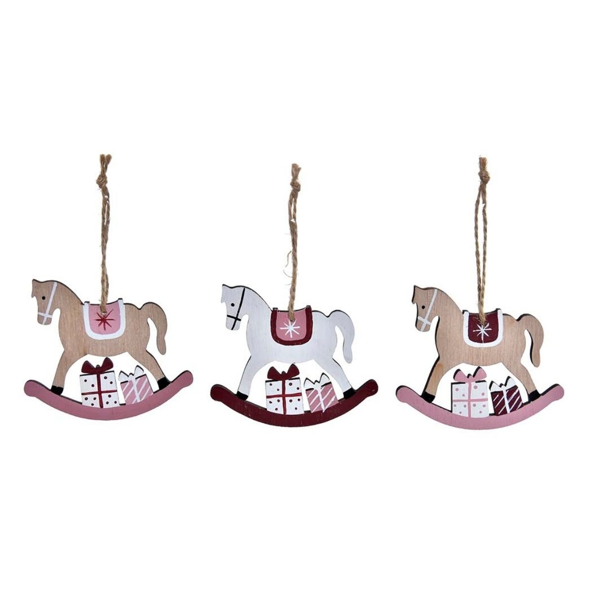 Set 3 Suspensions Noël Bois Rohan Cheval Beige, Rose et Rouge