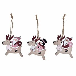 Set 3 Suspensions Noël Bois Rohan Renne Beige, Rose et Rouge