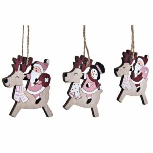 Set 3 Suspensions Noël Bois Rohan Renne Beige, Rose et Rouge