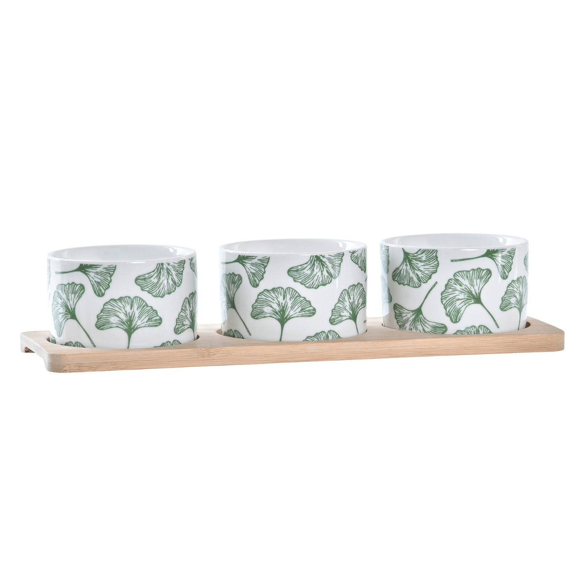 Set Apéritif plateau rectangulaire bois Ginko avec 3 bols blanc et vert