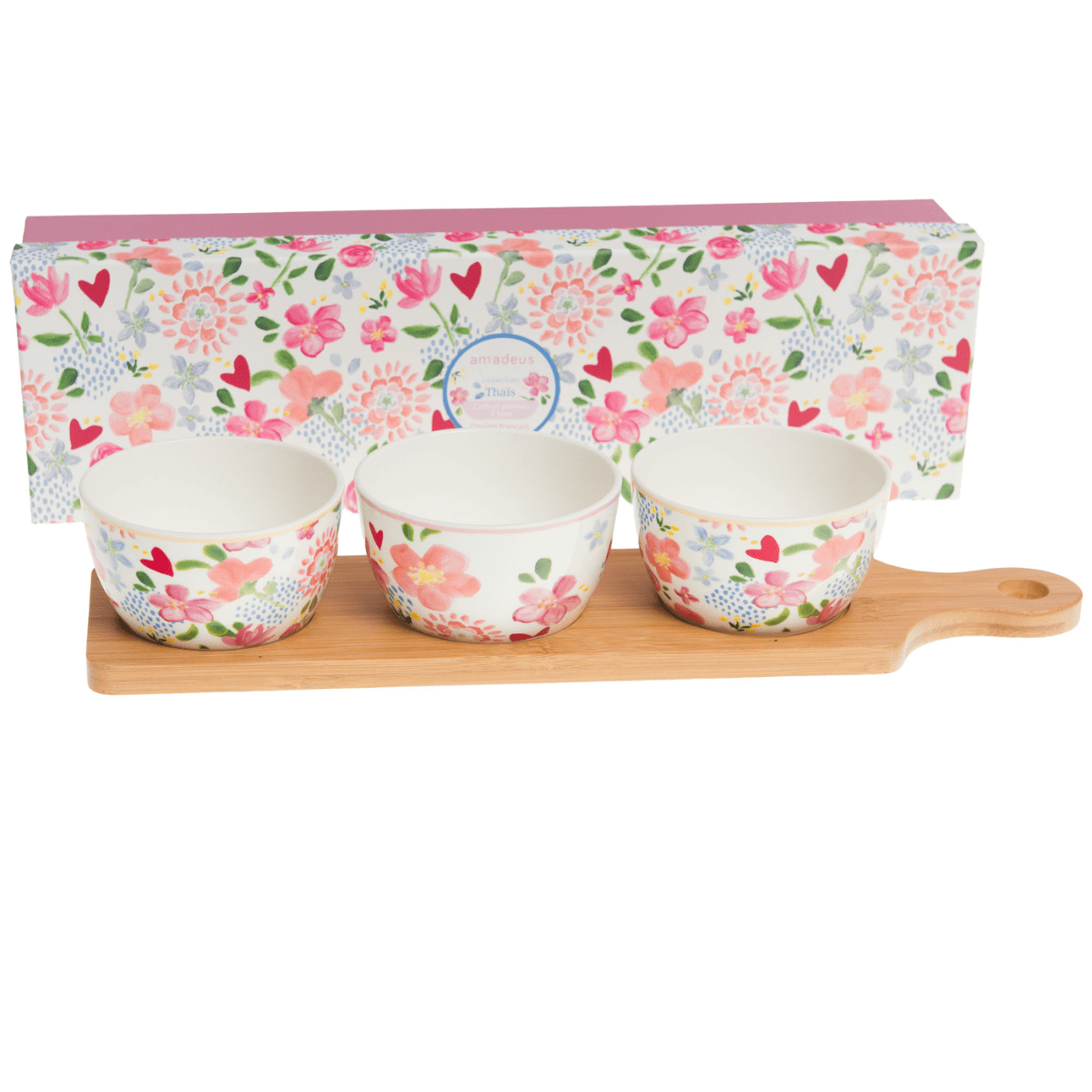 Ensemble Apéritif Plat avec 3 bols Fleurs Mimija