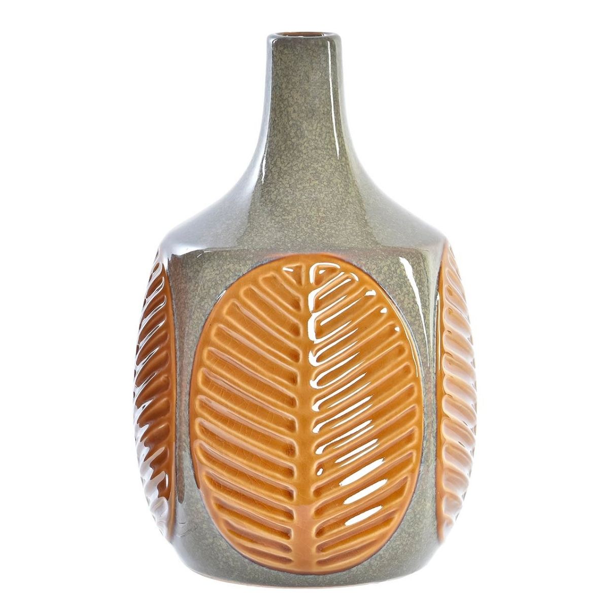 Vase grès Bouteille feuille Coulias Moutarde H26cm