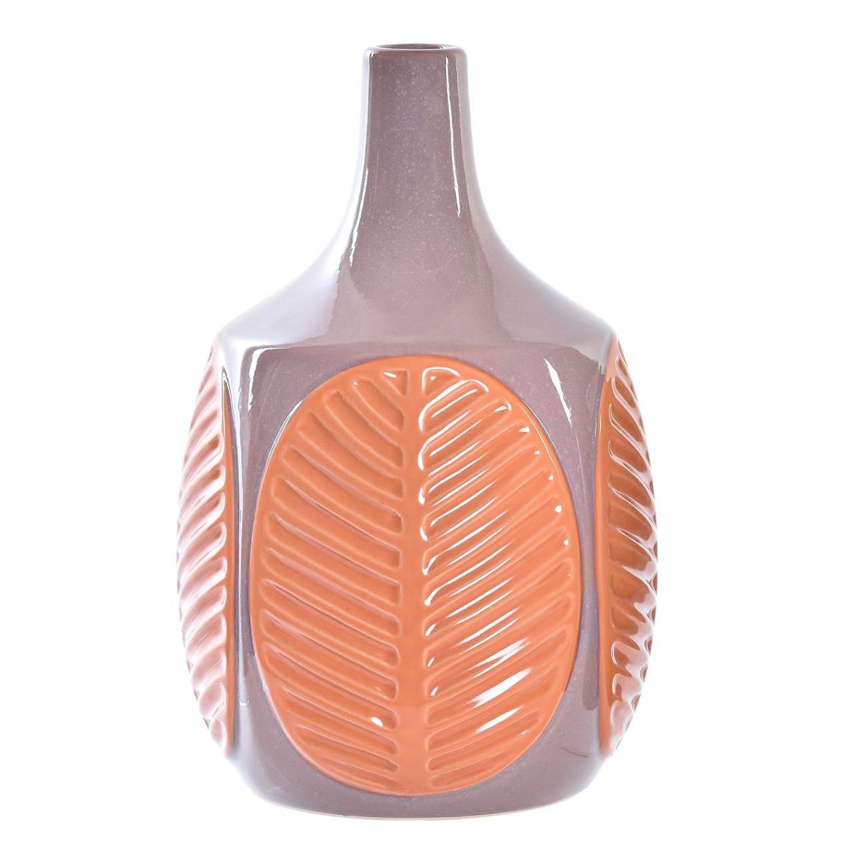 Vase grès Bouteille feuille Coulias Rose H26cm