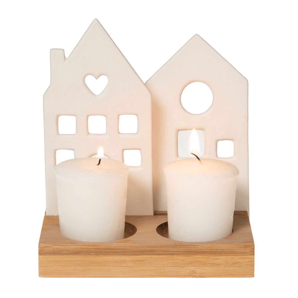 Photophore bois Gilia double maisons porcelaine blanc H17cm