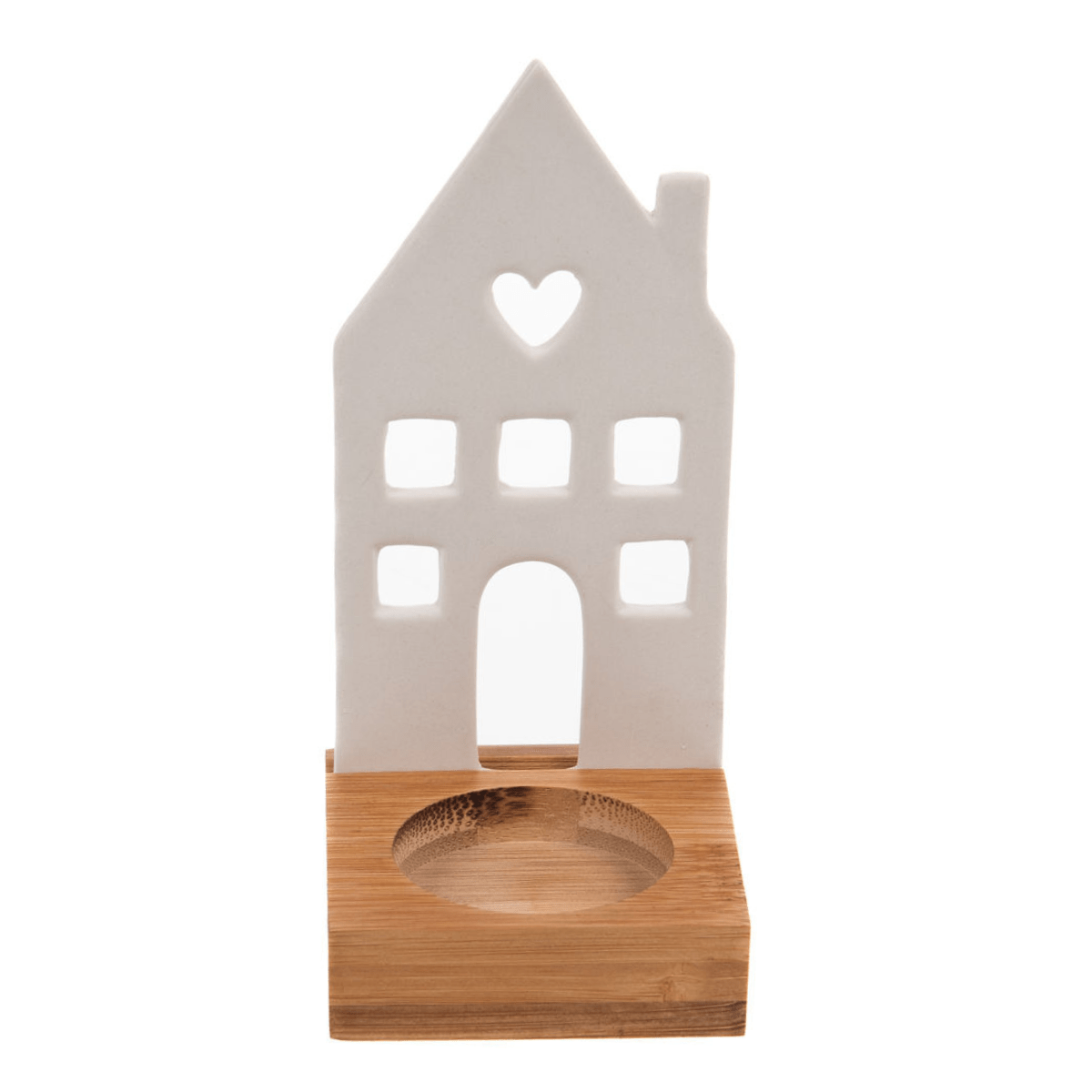 Photophore bois Gilia maison porcelaine blanc H14cm