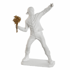 Sculpture Banksy Lanceur de Fleurs Blanc et Doré H36cm