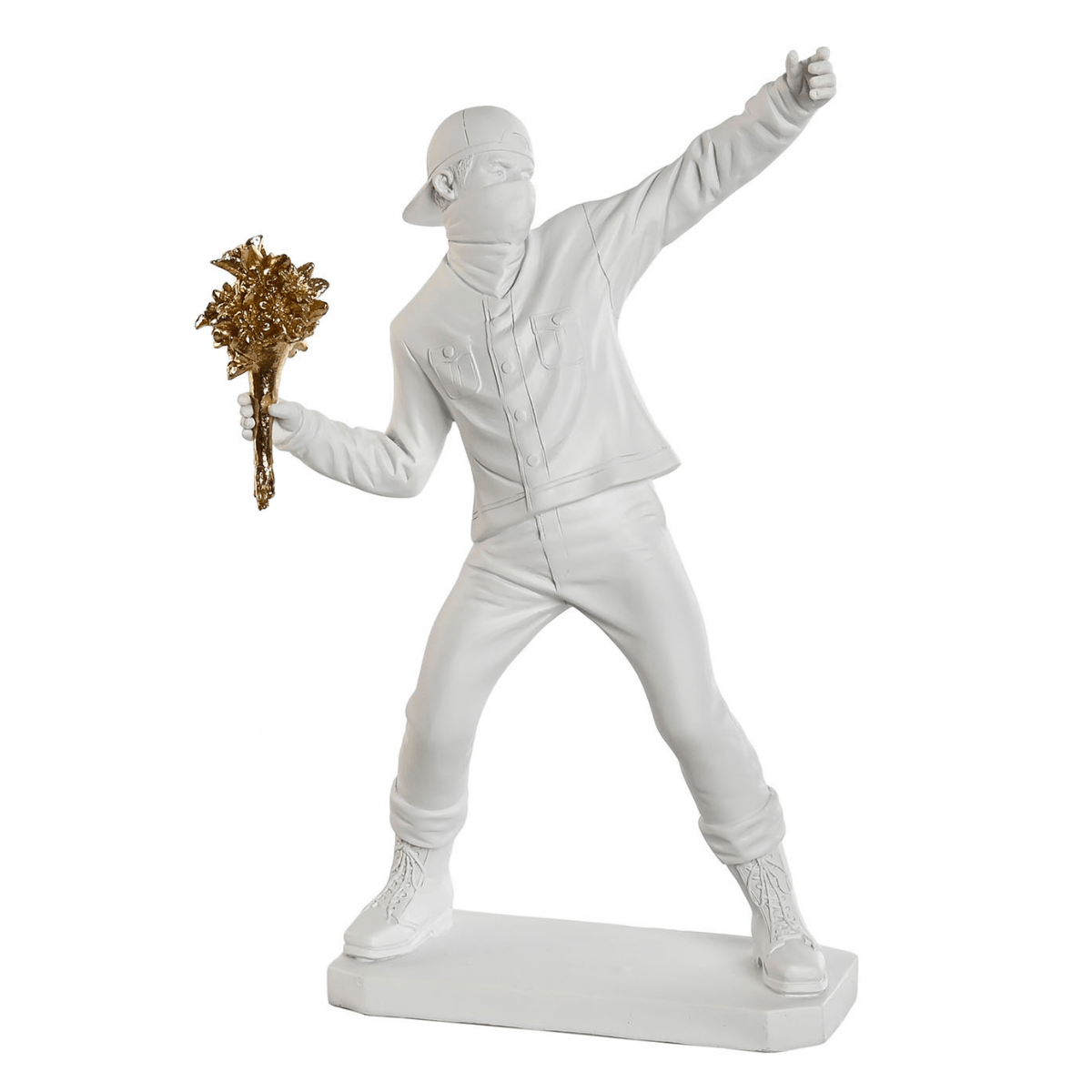 Sculpture Banksy Lanceur de Fleurs Blanc et Doré H36cm