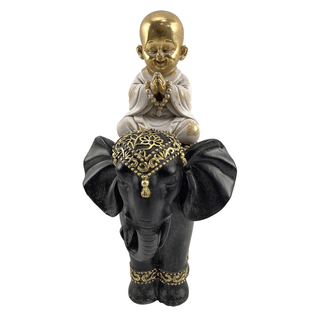 Statue Pavalkiai Bouddha sur Éléphant Noir et Doré H27cm