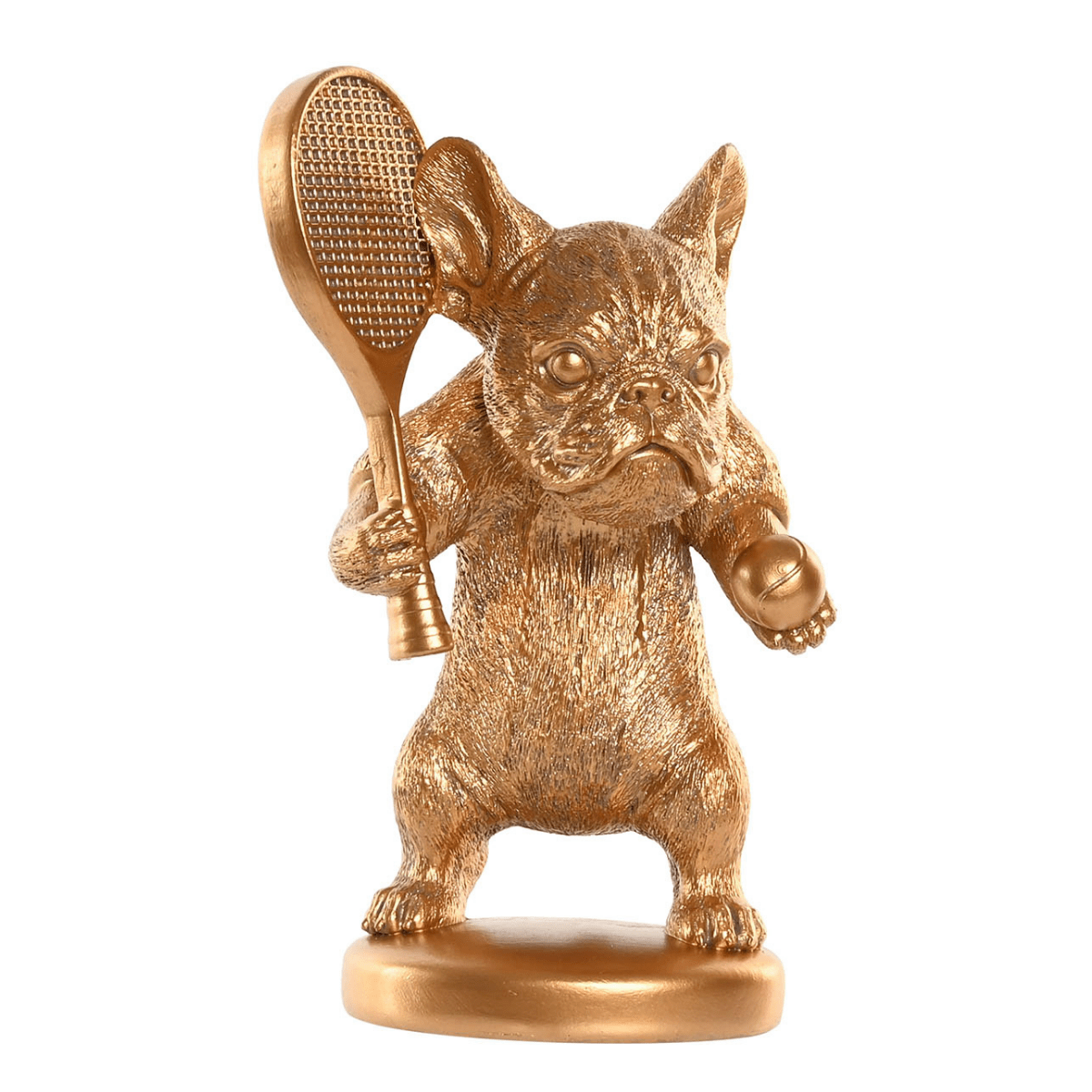Statue Vouziliane Bulldog sportif Tennis doré H27cm