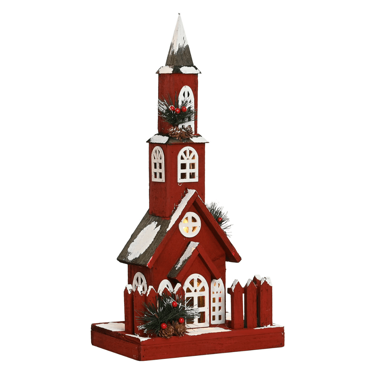 Déco Noël Eglise bois lumineuse Overselo Rouge H56cm