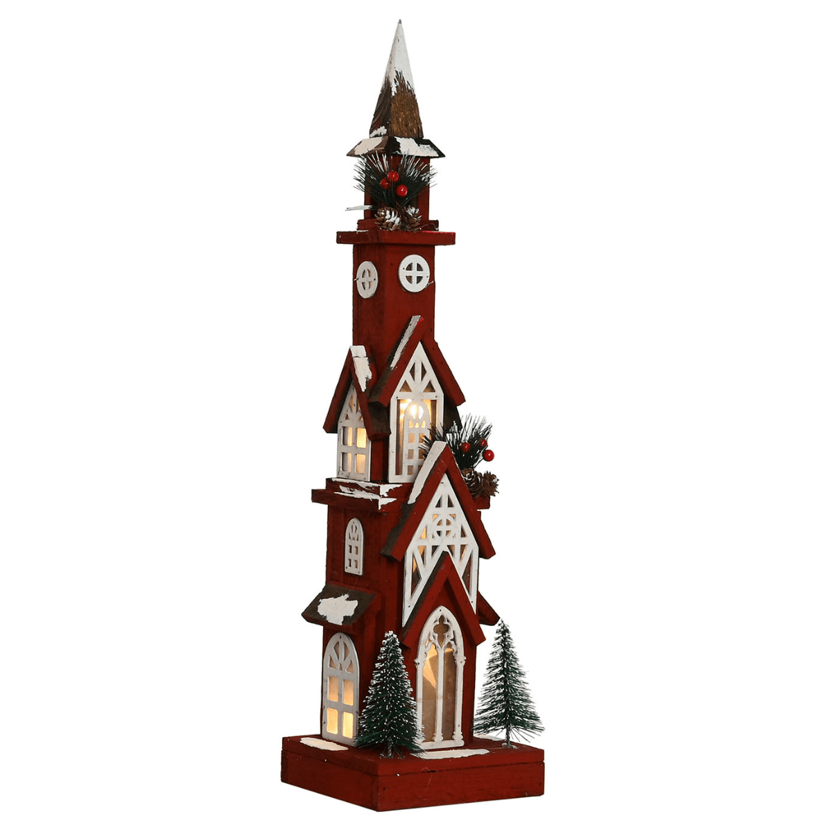 Déco Noël Eglise bois lumineuse Strangnasen Rouge H63cm