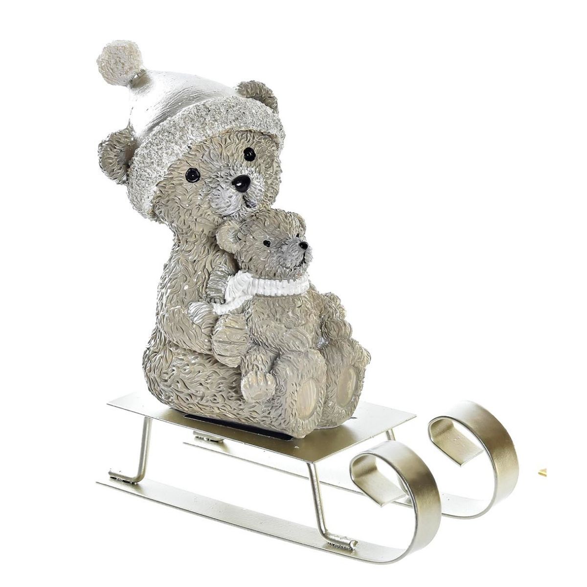 Déco Noël Keivan Maman Ours et Bébé Gris sur luge argenté