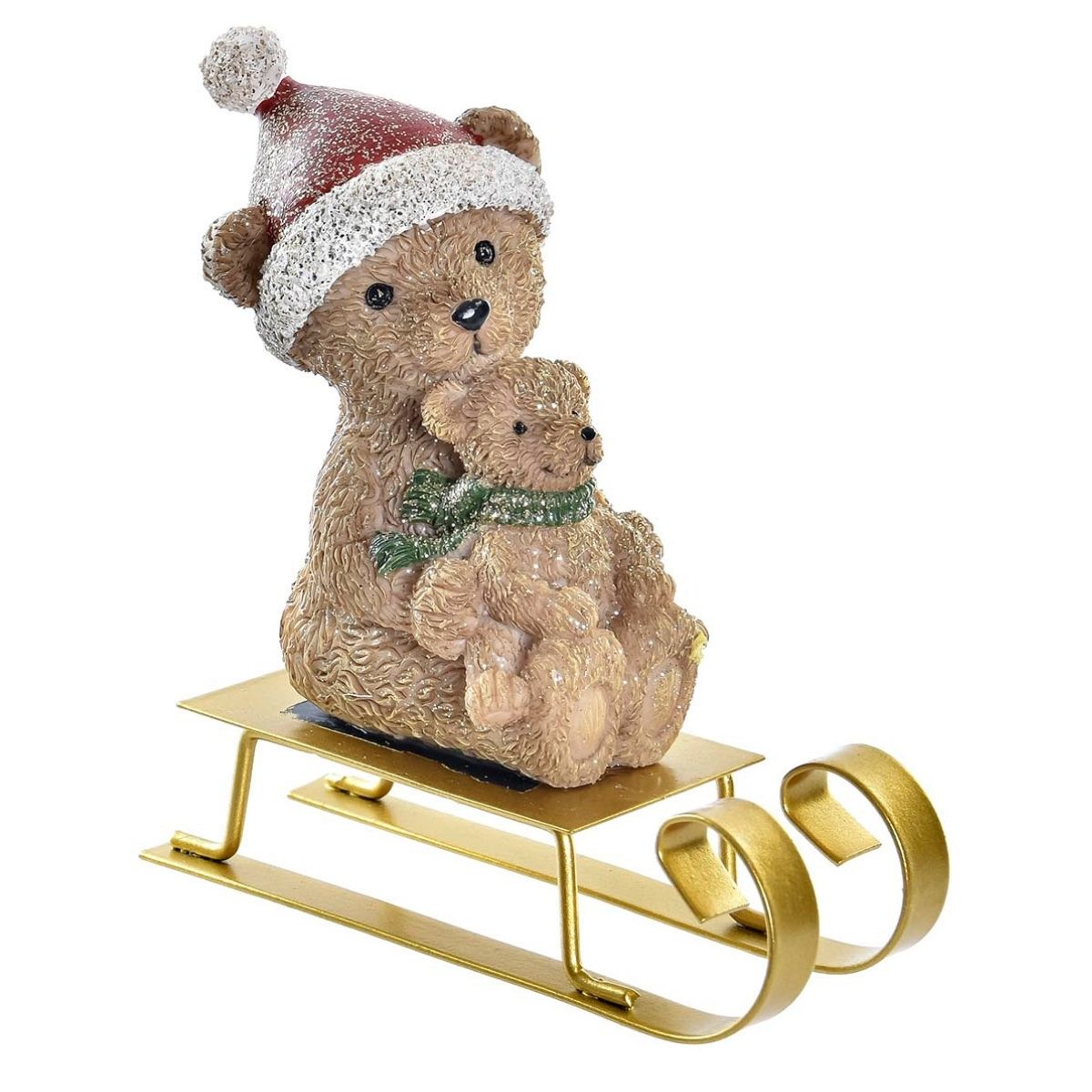 Déco Noël Keivan Maman Ours et Bébé Marron sur luge doré