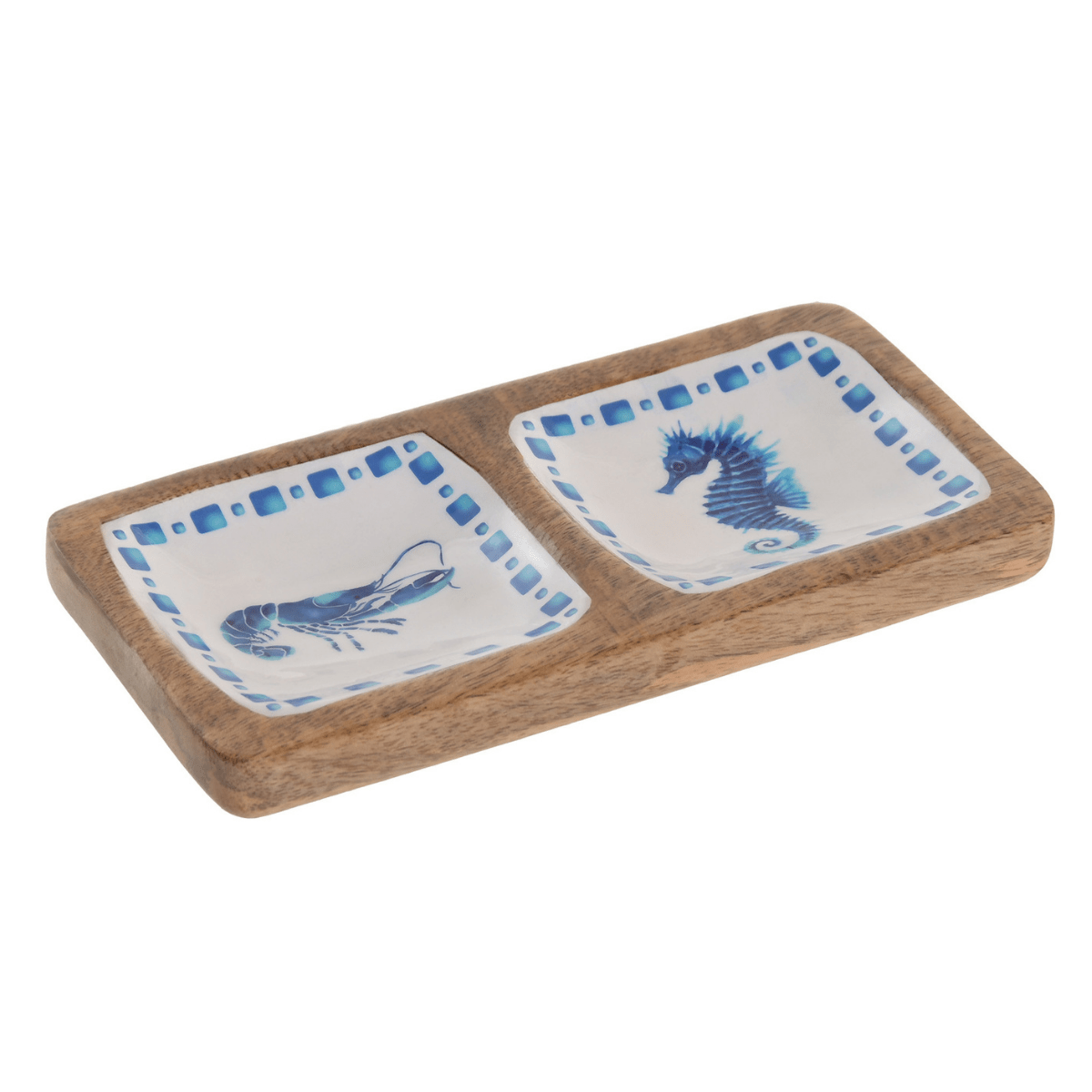 Plat bois manguier Fytis Hippocampe Blanc et Bleu 20x10cm