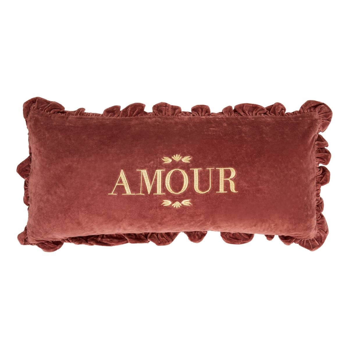 Coussin velours Jokias broderie Amour Rouge Grenat 75x35cm